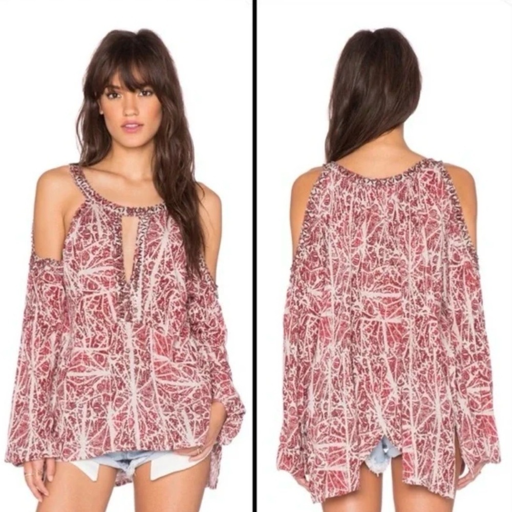 Free People Good Morning beaded embellished tunic top in red and ivory Size S